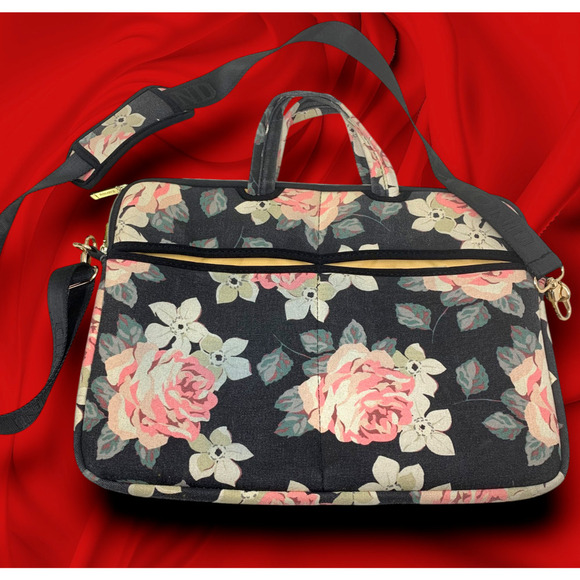 Kayond Dark Floral Fabric Laptop Bag Briefcase Crossbody Strap Cottage Farmhouse - Picture 1 of 7